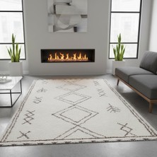 Carpettex Krem Kahve Iskandinav Boho Tarzı Halı Dijital Baskılı Kaymaz Tabanlı Yıkanabilir Leke Tutmaz Kaymaz