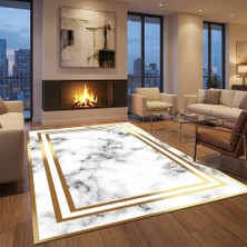 Carpettex Beyaz Altın Mermer Desenli Halı Dijital Baskılı Kaymaz Tabanlı Salon Halısı Dijital Baskı Halı 7 mm