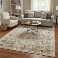 Carpettex Bej Otantik Eskitme Halı Dijital Baskılı Modern Kaymaz Tabanlı Yıkanabilir Leke Tutmaz Kaymaz Taban