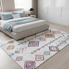 Carpettex Krem ve Çok Renkli Boho Motifli Otantik Dijital Baskı Halı – Kaymaz Tabanlı, Geometrik Desenli Taban