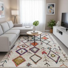 Carpettex Krem Çok Renkli Boho Motifli Dijital Baskılı Halı – Kaymaz Tabanlı, Geometrik Modern Desenli Salon