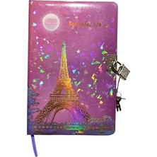 Pratik Ev Yıldızlı Gece Hatıra Defteri Günlük, Kilitli Defter, 80 Yaprak, Paris Eyfel