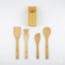 Pratik Ev Servis Seti; Doğal Bambu 5 Parça Mutfak, Ahşap Spatula, Kaşık, Servis Çatalı ve Tezgah Üstü Kaşıklık Standı, Isıya Dayanıklı, Yapışmaz Tava Dostu Mutfak Gereçleri Seti