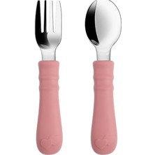 Pratik Ev Silikon Saplı Paslanmaz Çelik Bebek Kaşık ve Çatal Seti (Pembe)