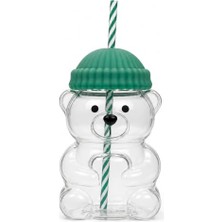 Pratik Ev Cam Kupa, 580 ml Ayıcık Desenli Cam Bardak Pipetli Silikon Kapaklı Soğuk Kahve Bardağı Şeffaf Sevimli Ayıcık Bardak Bubble Tea Smoothie Milkshake Meyve Suyu Içecek Bardağı Çocuk ve Yetişkin