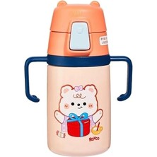 Pratik Ev 400 ml Silikon Pipetli Sevimli Ayıcıklı Boyun Askılı Bebek Kulplu Paslanmaz Çelik Termos Turuncu