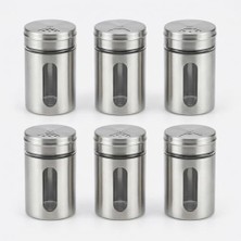 Pratik Ev Baharatlık; 6'lı Set Paslanmaz Çelik Kaplı Cam, 8 Cm, Şeffaf Pencereli, Inox Döner Kapaklı Tuzluk ve Baharat Takımı
