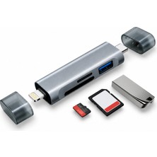 CoverZone 5 In 1 Type-C Lightning Otg Kart Okuyucu USB 3.0 Sb 3.0 Port, Sd ve Tf Kart Yuvası, Alüminyum Alaşım Gri Gövde | ZR1375