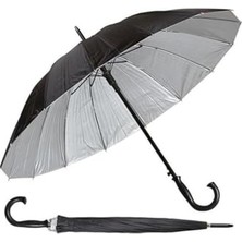 Pratik Ev Açık Çap 16 Telli Baston Şemsiye Büyük Boy Iç Yüzey Metalik Gri Dışı Siyah Unisex 80 cm Uzunluk 100 cm