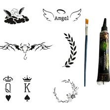 Pratik Ev Melek ve Çiçek Desenli Geçici Dövme Seti; Siyah Kına ve Fırça