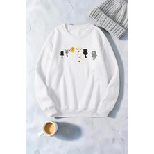 Unisex Ufak Yaramaz Kediler Baskılı Bisiklet Yaka Sweatshirt