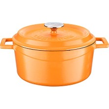 Pratik Ev Metal Spring Serisi Döküm Tencere, Yuvarlak, 24 Cm, Mat Emaye, Parlak Siyah Taban, Turuncu