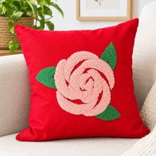 Reyn Handmade El Yapımı Punch Nakışı Pembe Gül Motifli Kırmızı Kırlent Kılıfı