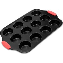 Pratik Ev 12 Bölmeli Muffin ve Cupcake Kalıbı, Yapışmaz Karbon Çelik, Isıya Dayanıklı Kırmızı Silikon Saplı, Bpa Içermeyen Sağlıklı Pişirme Kalıbı