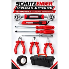SCHUTZENGER 10 Parça Set – 48 Fonksiyonlu Akıllı Lokma Anahtarı, 3’lü Pense ve Tornavida Takımı, Falçata, Elektrik Bandı Takım Çantası