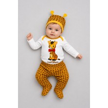 BEBEKİZ Zürafa Desenli 3 Parça Bebek Takım %100 Pamuk Unisex Uzun Kollu Body Patikli Pantolon Şapka Seti 3-6 Ay