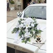 DIVA FLOWERS Vantuzlu Gelin Arabası Çiçeği - 60 cm Beyaz Lilyum Gül Okaliptüs Kaput Süsü⁠