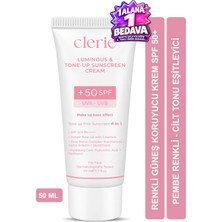 Clerie Tone Up Güneş Kremi SPF 50+ PA++++, Aydınlatıcı, Pembe Renk Eşitleyici Yüz Kremi 50ml
