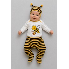BEBEKİZ 3'lü Bebek Takımı %100 Pamuk Unisex Arı Desenli Uzun Kollu Zıbın Body Patikli Pantolon Şapka Seti 3-6 Ay