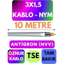 Pratik Ev Kablo; Öznur 3x1,5 Antigron (Nym), 10 Metre, Gri