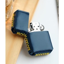 Benzinli Çakmak Hakiki Deri Kılıflı El Yapımı Zippo Tarzı Çakmak - Sarı Kırmızı - Sarı Lacivert- Siyah Beyaz - Bordo Mavi (Sarı-Lacivert)