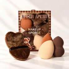Amour Amour 5 Parça Ayıcıklı Kutulu Makyaj Süngeri ve Kalp Pudra Pufu Seti