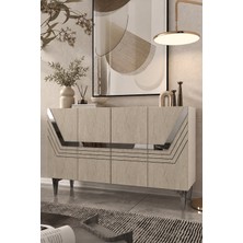 Dekortis Home Dekor 120DHDK9BTG Helen Pleksi Lazer Desen Kapaklı Konsol Tv Sehpası Beyaz-Traverten-Gümüş