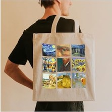 Pratik Ev Asyabayrak, Van Gogh Baskılı Bez Çanta, Bej, Vangogh
