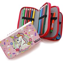 Çiçekli Unicorn Kalem Kutusu Kawai Organizer Kalemkutu Vegan Deri Üç Bölmeli Kalemlik- Pembe