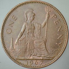 Banknoting Birleşik Krallık 1 Penny 1967 Kraliçe Iı. Elizabeth. Ingiltere. 31 Mm.