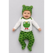 BEBEKİZ %100 Pamuk Kurbağa Desenli Bebek Zıbınlı Alt Üst Set Şapkalı Patikli Unisex 3lü Takım 3-6 Ay