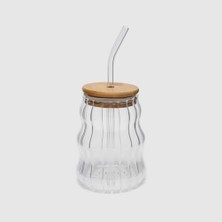 Pratik Ev 500 ml Bambu Kapaklı Cam Bardak, Cam Pipetli ve Silikon Contalı Kapak