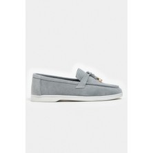 Nişantaşı Shoes Warner Gri Hakiki Deri Püskül Detaylı Düz Taban Kadın Babet