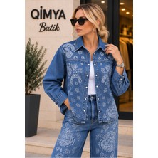Qimya Butik Concept Kadın Nakış Işli Çıt Çıtlı Gömlek Ispanyol Pantolonlu Alt Üst Ikili Kot Takım
