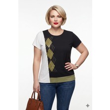 Vedi-bb Kadın Bisiklet Yaka Argyle Desenli Pamuk Karışımlı Kısa Kollu T-Shirt 26XY7098