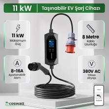 Cks Enerji 11 kW 16A Taşınabilir Elektrikli Araba Şarj Cihazı Tip-2 8 Metre Kablo ile Hızlı Şarj Teknolojisi 5X16A