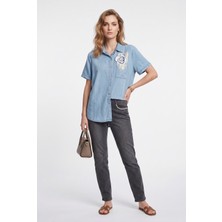 Vedi-bb Kadın Kısa Kollu Denim Görünümlü Nakışlı Gömlek Klasik Yaka 26XY7048