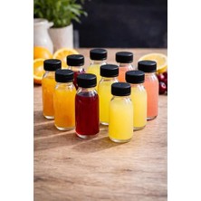 Pratik Ev Şişe, 10 Adet 60 ml Kilitli Siyah Kapaklı Şeffaf Detox Shot Şişesi 60 cc Ginger Şat Beyaz Cam