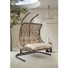 Bodrum Double Çiftli Rattan Bahçe Balkon Salıncağı Açık Kahve