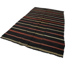 184X312 cm Çizgili Kilim Siyah Çizgili Yün El Dokuma Modern Geometrik Etnik Eskitme Desenli Boho Oturma Odası Salon Yolluk Koridor Mutfak Halısı