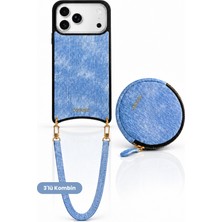 COGURE Hera iPhone 18 Pro Max / 17 Pro Max Uyumlu Denim Yuvarlak Cüzdan, Bileklik Askı, Kılıf 3'lü Set