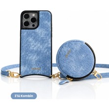 COGURE Hera iPhone 16 Pro Max Uyumlu MagSafe Oval Kılıf, Yuvarlak Cüzdan, Askı 3'lü Denim Set