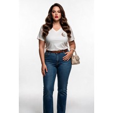 Vedi-bb Kadın Büyük Beden V Yaka Kısa Kol Pamuklu Kuş İşlemeli T-Shirt