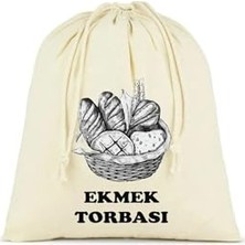 Pratik Ev Ekmek Torbası; Pamuk Bez Torba, 40X40 Cm, Baskılı Ekmek Desenli, Krem Rengi