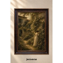Jeraverse Kır Bahçesinde Beyaz Elbiseli Kadın Tekli Camlı Çerçeveli Vintage Tablo - 15 x 21 Antik Maun
