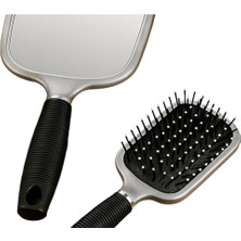 Pratik Ev Gri Siyah Aynalı Saç Fırçası, Masaj Etkili, Saç Kırılmasını Önleyen, Ergonomik Saplı, 2’si 1 Arada Tarak ve Ayna