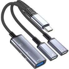 CoverZone 5 In 1 Type-C Hub Adaptör Sd ve Tf Kart Okuyucu, USB 3.0 Bağlantısı, Şarj ve Type-C Kulaklık Portu, Örgülü Kablolu Ince Tasarım