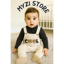 Myzi Store Bebek Erkek 2'li Tulum Takımı - Üst Giyim ve Ayı Nakışlı Salopet Bej 18-24 Ay