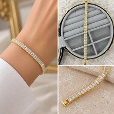 Fm 💎 Premium Parlak ve Şık Baget Taşlı Gold Renk 316L Çelik Kadın Bileklik (~20cm)