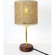 Bambu Taban Modern Gold Metal Ayaklı Hazeran ve Hasır Kumaş Silindir Şapka Mini Abajur Masa Lambası (Kahverengi Rattan)